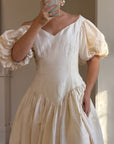 Vintage 80s Silk Dupion Puff Sleeve Bow Wedding Dress