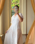 Vintage 80s Pleated Lace Tee Dress Ivory