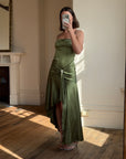 Vintage 90s Olive Green Satin Bias Rhinestone Dress