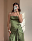Vintage 90s Olive Green Satin Bias Rhinestone Dress