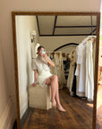 Vintage 90s Italian Couture Pearl Beaded Caplet and Satin Mini Dress Set