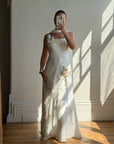 Vintage 90s Pure Silk 3D Rose Appliqué Wedding Dress White