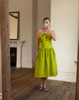 Vintage 80s Chartreuse Taffeta Strapless Cocktail Dress