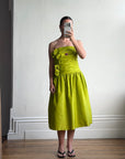 Vintage 80s Chartreuse Taffeta Strapless Cocktail Dress