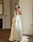 Vintage 40s Liquid Satin Plunging Wedding Gown with Pearl Cap