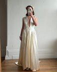 Vintage 40s Liquid Satin Plunging Wedding Gown with Pearl Cap