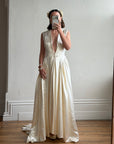 Vintage 40s Liquid Satin Plunging Wedding Gown with Pearl Cap