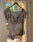 Vintage Y2K Silver Mandalay Satin Beaded Lace Appliqué Top