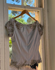 Vintage Y2K Silver Mandalay Satin Beaded Lace Appliqué Top