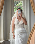 Vintage Reworked White Tulle Bridal Veil with 3D Flowers
