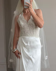 Vintage Reworked White Tulle Bridal Veil with 3D Flowers