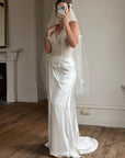 Vintage 90s Draped Satin Sequin Halter Wedding Gown