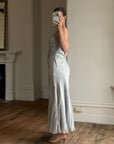 Vintage 90s Silver Grey Beaded Silk Slip Dress and Tie Shawl
