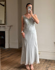 Vintage 90s Silver Grey Beaded Silk Slip Dress and Tie Shawl