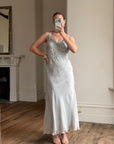 Vintage 90s Silver Grey Beaded Silk Slip Dress and Tie Shawl