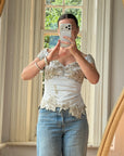 Vintage Y2K Silver Mandalay Satin Beaded Lace Appliqué Top