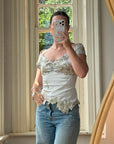 Vintage Y2K Silver Mandalay Satin Beaded Lace Appliqué Top