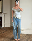 Vintage Y2K Silver Mandalay Satin Beaded Lace Appliqué Top