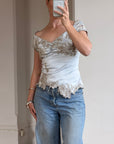 Vintage Y2K Silver Mandalay Satin Beaded Lace Appliqué Top