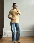 Vintage 90s Cream Leather Mandarin Collar Jacket