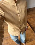 Vintage 90s Cream Leather Mandarin Collar Jacket