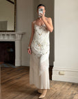 Vintage 90s Pure Silk Embroidered Fringe Maxi Dress Ivory