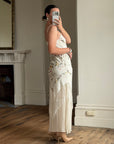 Vintage 90s Pure Silk Embroidered Fringe Maxi Dress Ivory