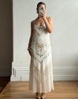 Vintage 90s Pure Silk Embroidered Fringe Maxi Dress Ivory