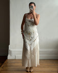 Vintage 90s Pure Silk Embroidered Fringe Maxi Dress Ivory
