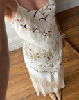 Vintage 90s Pure Silk Embroidered Fringe Maxi Dress Ivory