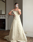Vintage 90s Italian Embroidered Off Shoulder Two-Piece Bridal Set Fawn