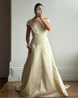 Vintage 90s Italian Embroidered Off Shoulder Two-Piece Bridal Set Fawn
