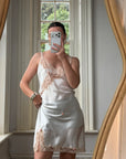 Vintage Y2K Victorias Secret Ivory Satin Champagne Lace & Pink Rosettes Mini Slip Dress