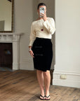 Vintage 80s Valentino Frog Closure Velvet Pencil Wrap Skirt Noir