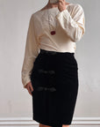 Vintage 80s Valentino Frog Closure Velvet Pencil Wrap Skirt Noir