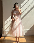 Vintage 50s Pale Pink Swiss Dot Tulle Strapless Dress