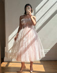 Vintage 50s Pale Pink Swiss Dot Tulle Strapless Dress