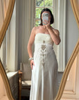Vintage Y2K Pleated Strapless Gold Embellished Bridal Dress