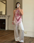 Vintage Y2K Rose Silk Beaded Fringe Halter Top