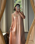 Vintage 70s Peach Satin Lace Trim Negligee Slip Dress