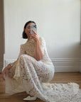 Vintage 40s Sheer Lace Bias Wedding Dress Creme