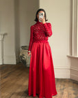Vintage 90s High Floral Satin Gown Red