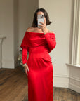 Vintage 90s Satin Off Shoulder Gown Red