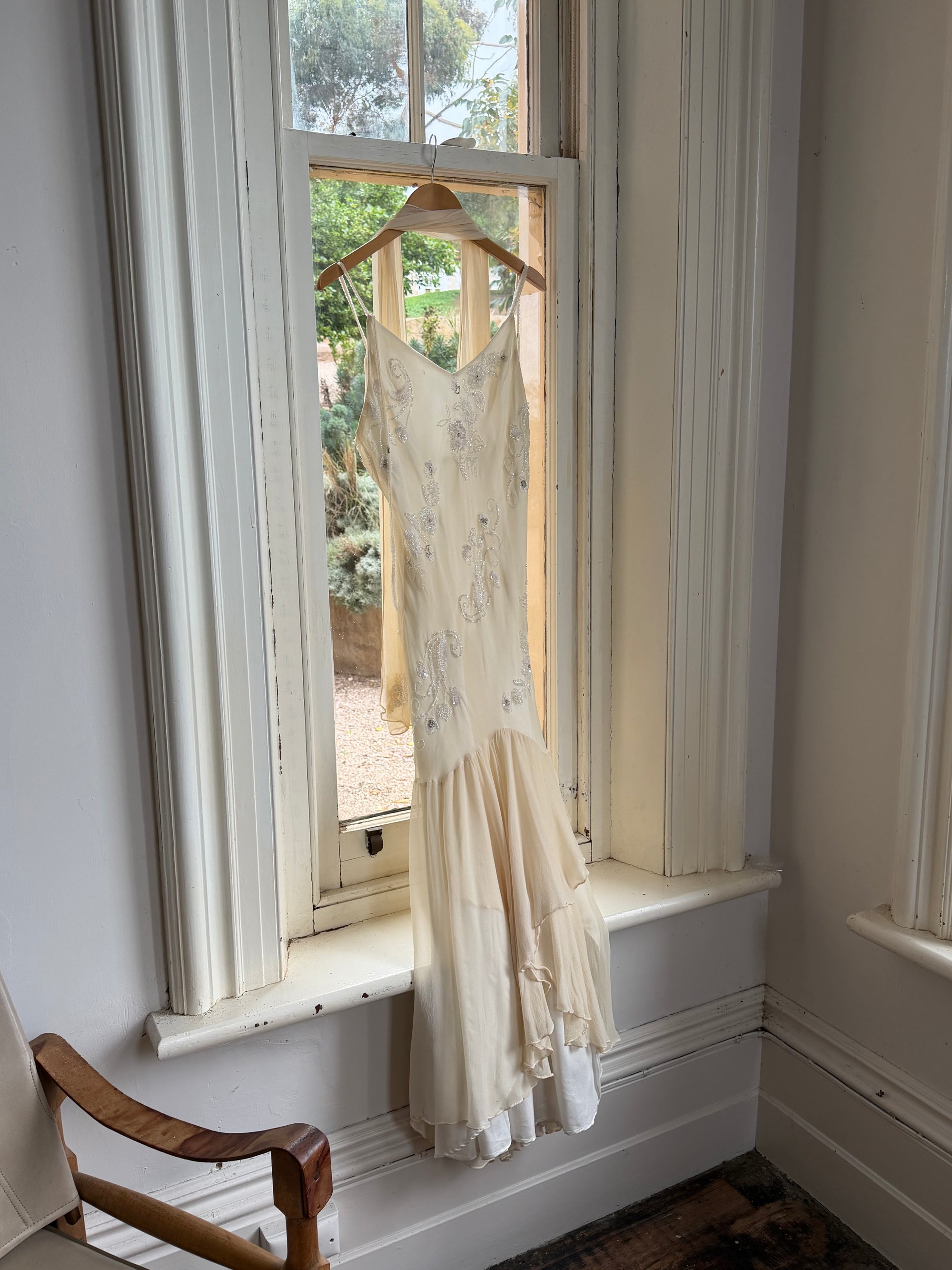 Vintage 90s Pure Silk Embellished Midi Dress With Scarf Creme