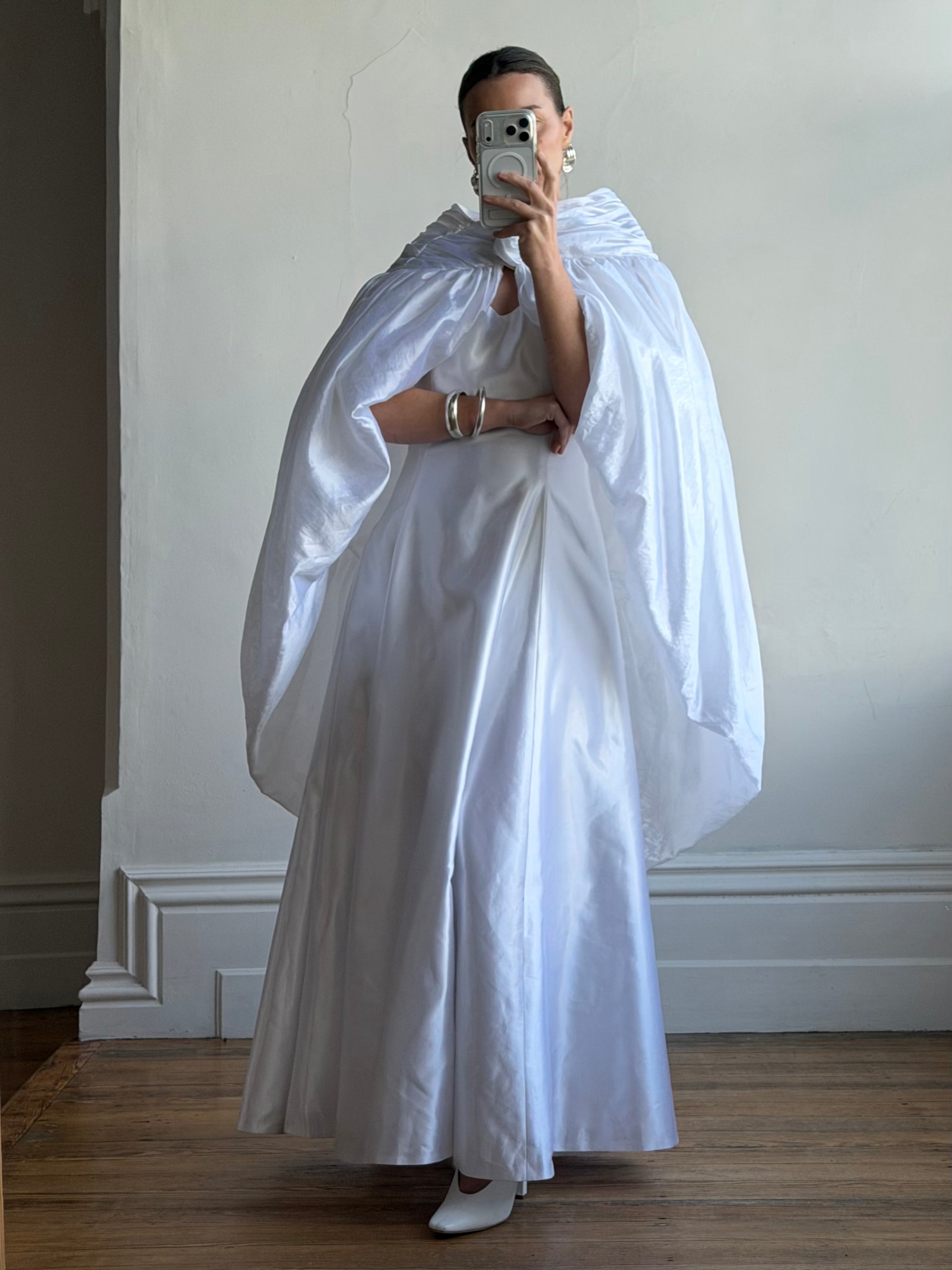 Vintage 90s Strappy Wedding Dress With Rosette Cape Pearl