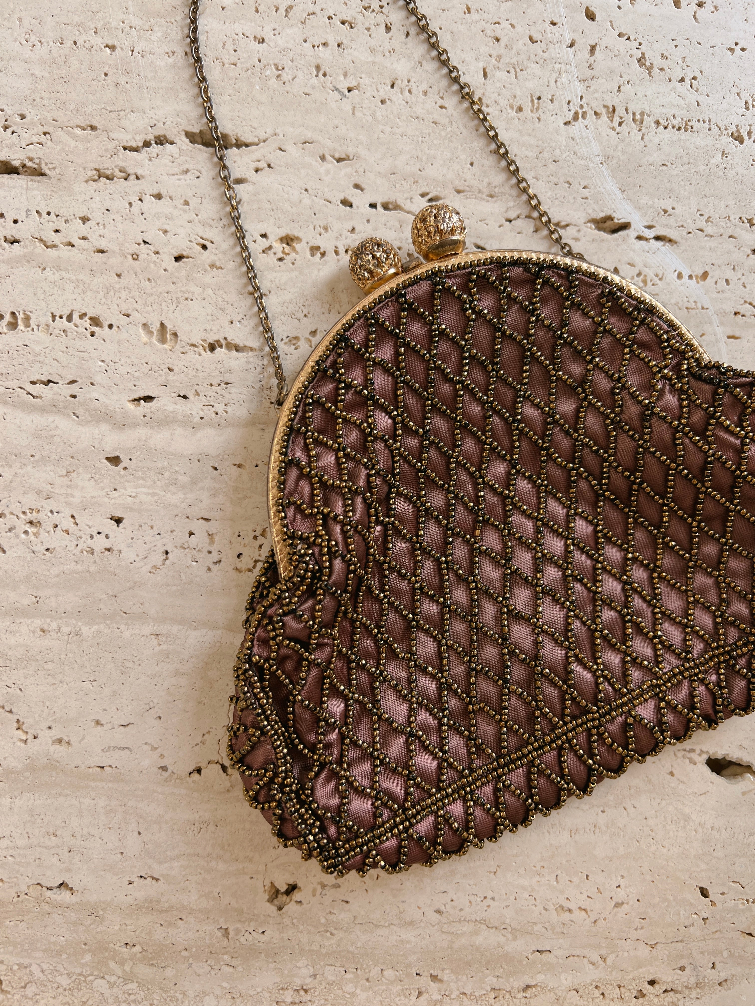Vintage Brown Satin Beaded Petite Purse