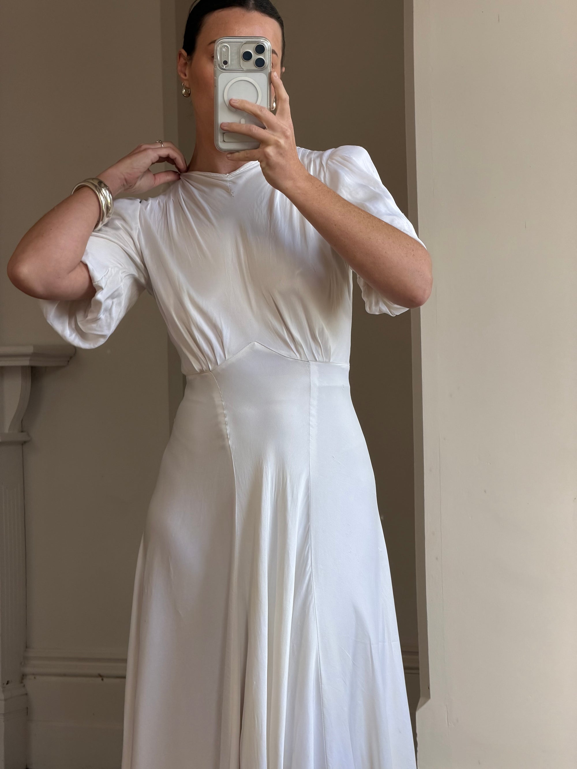 Vintage 40s Minimal Puff Sleeve Bias Wedding Dress