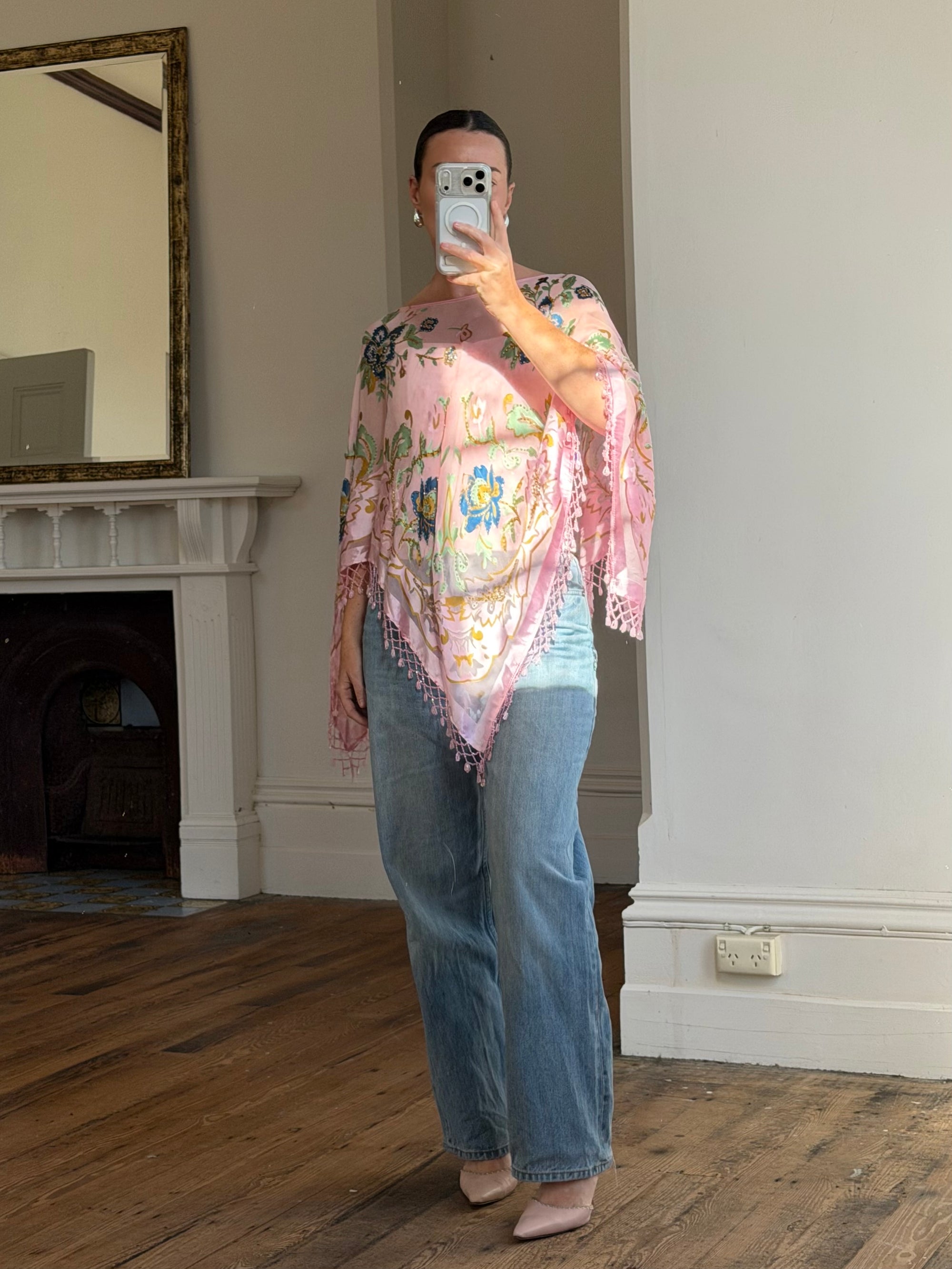 Vintage 90s Pink Floral Beaded Fringe Poncho