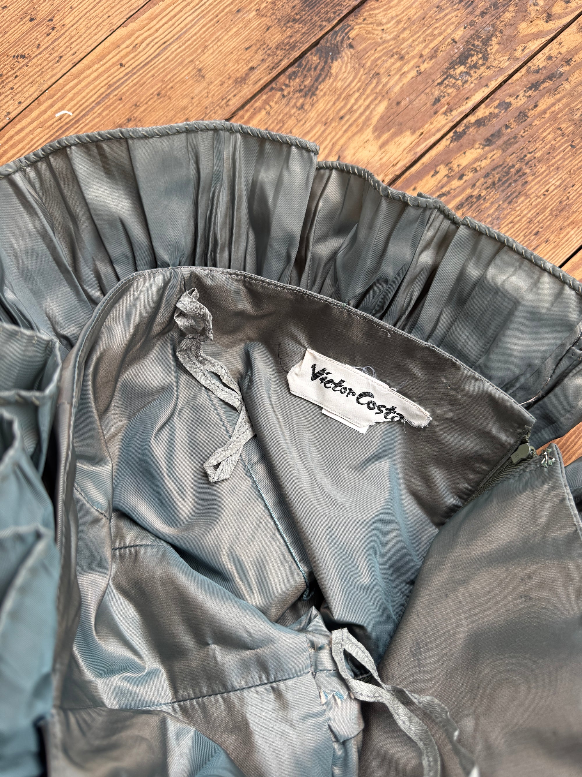 Vintage 80s Taffeta Pleated Strapless Gown Slate