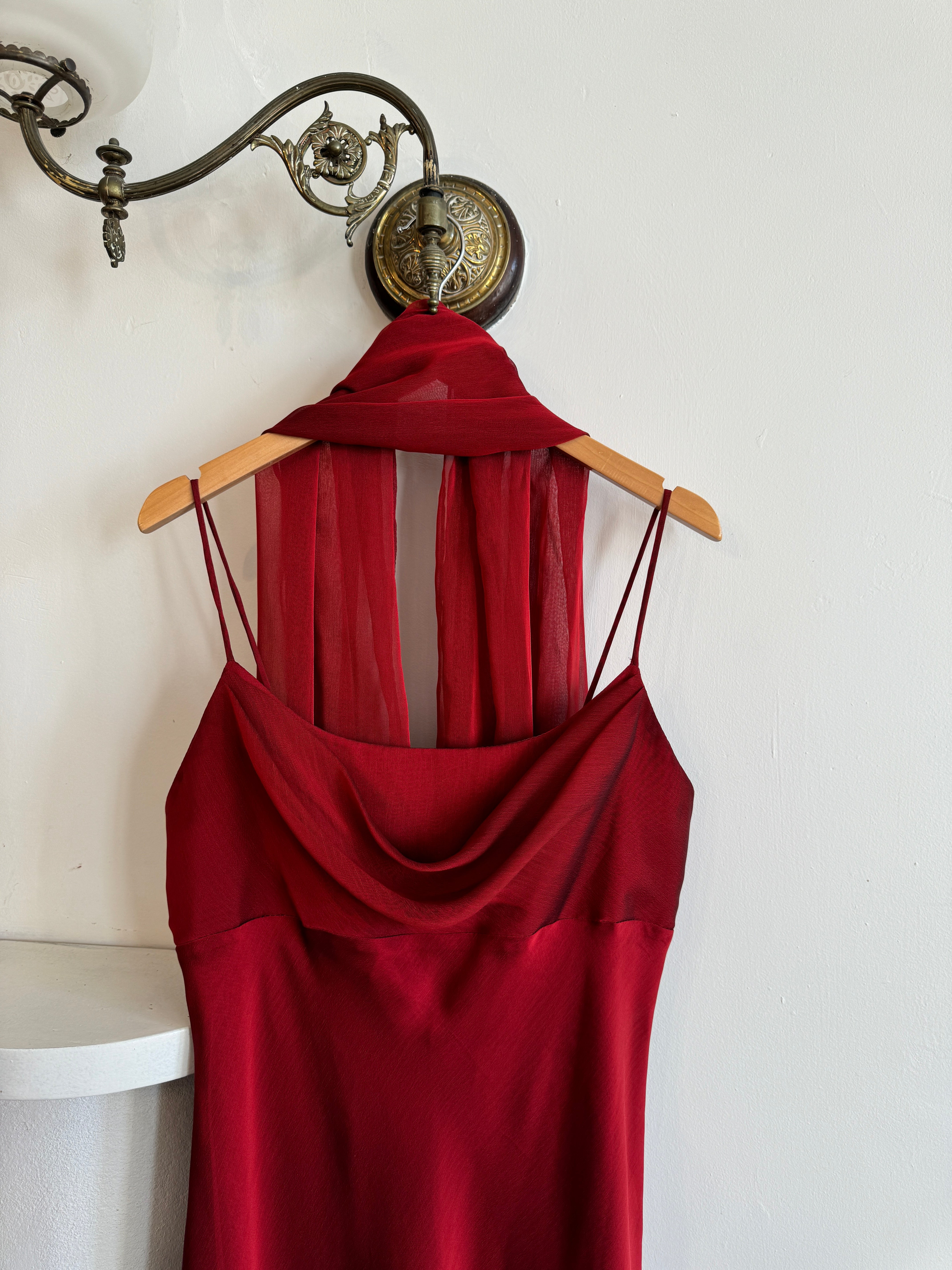Vintage 90s Red Slip Dress with Skinny Scarf